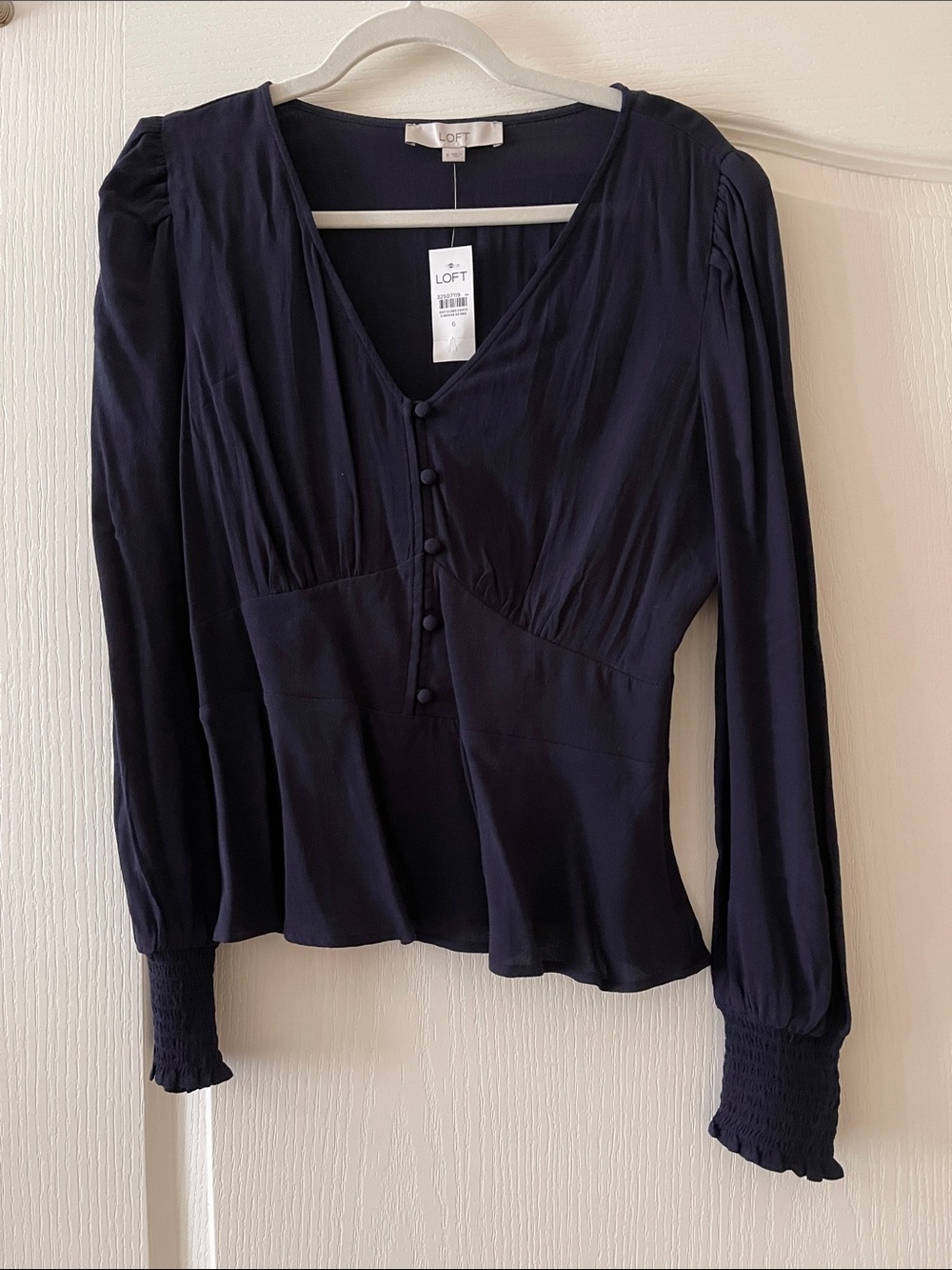 LOFT Navy V-Neck Button Front Long-Sleeve Blouse, Sz S